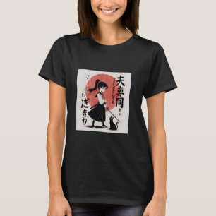Camiseta Garota Samurai Japonesa com Gato Preto u2013 Vinta