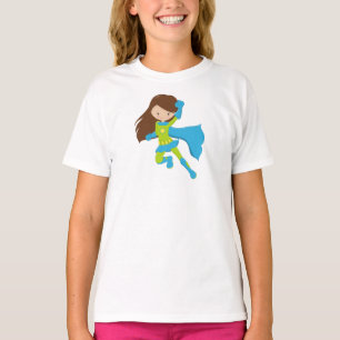 Camiseta Garota Super-Herói, Garota Bonita, Cabelo Marrom,