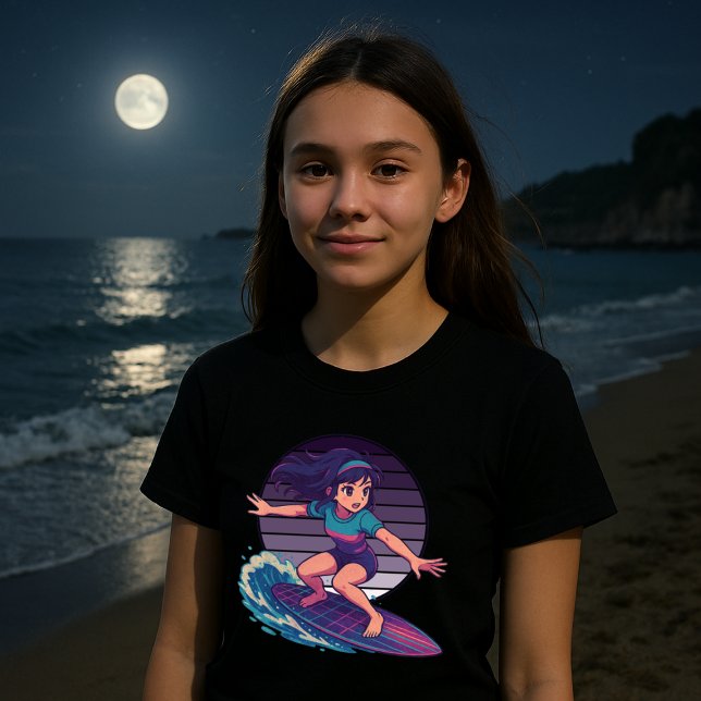 Camiseta Garota-Surfista de Lua da Vaporwave Retro (Criador carregado)
