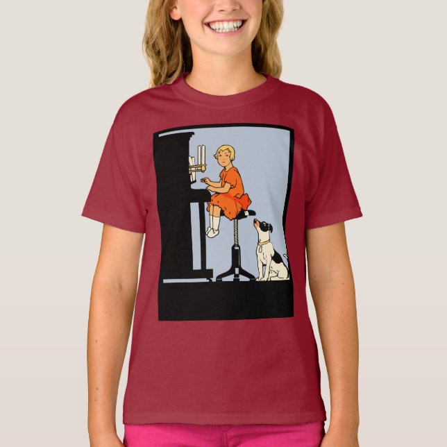 Camiseta Garota tocando piano, cachorro, estilo retrô (Frente)