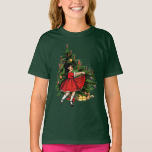 Camiseta Garota Vintage Dançando em Árvore de Natal
