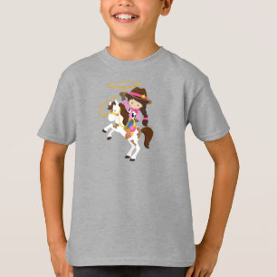 Camiseta Garota, Xerife, Cavalo, Laço, Cabelo Castanho