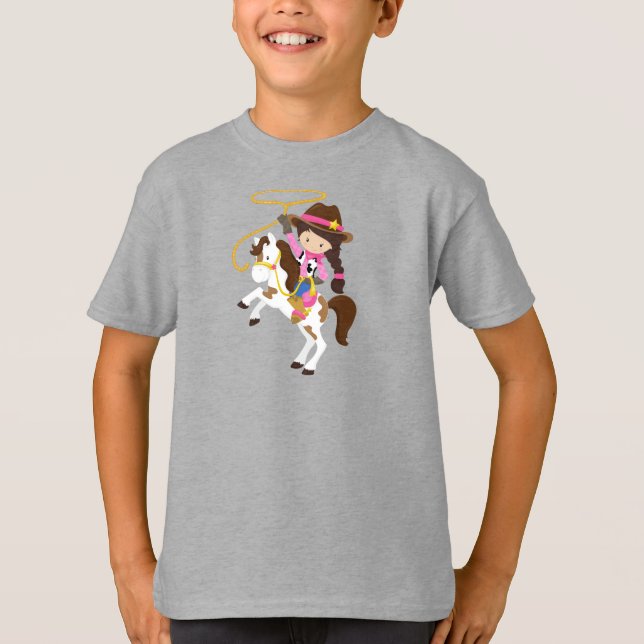 Camiseta Garota, Xerife, Cavalo, Laço, Cabelo Castanho (Frente)
