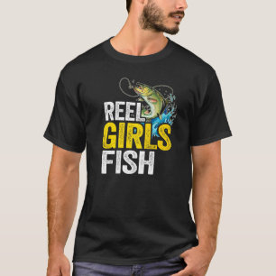 Camiseta Garotas de Carretel Pescam Peixe-Bass Pescadora Mã