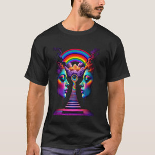 Camiseta Garotas Psicodélicas Vibrantes com Cores Arco-Íris