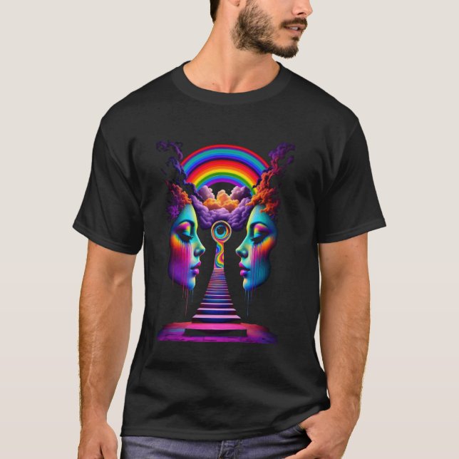 Camiseta Garotas Psicodélicas Vibrantes com Cores Arco-Íris (Frente)