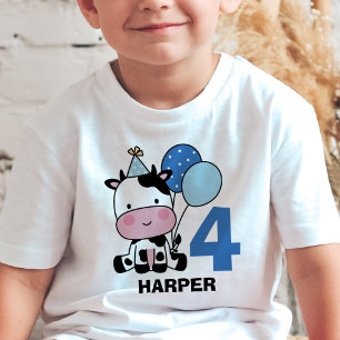 Camiseta Garoto 4.º aniversário Vaca Balões Azuis Personali