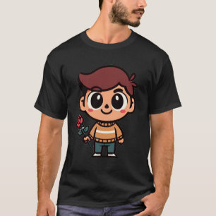 Camiseta Garoto alegre com Rosa - Cartoon bonito e divertid
