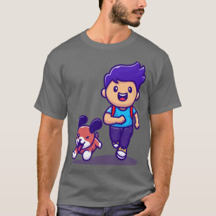 Camiseta Garoto Bonito Correndo Com Cartoon De Cão