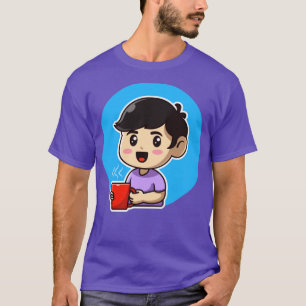 Camiseta Garoto Bonito Segurando Caricatura De Café Quente