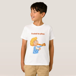Camiseta Garoto comendo uma fatia enorme de pizza