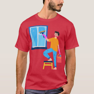 Camiseta Garoto Desenho Da Mão Limpando A Janela