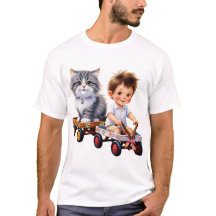 Garoto e gato em cima da t-shirt do carro