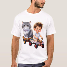 Camiseta Garoto e gato em cima da t-shirt do carro