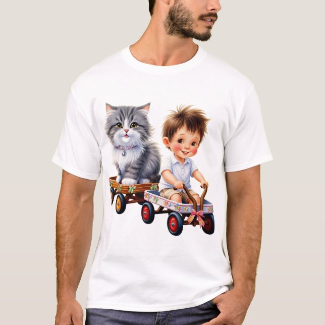 Camiseta Garoto e gato em cima da t-shirt do carro (Frente)
