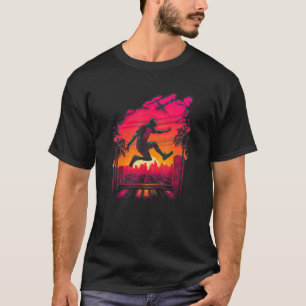 Camiseta Garoto estético retrô fazendo parkour sobre o telh