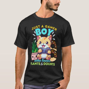 Camiseta Garoto Gamer Que Ama Gatos Planta Jogos E Donuts