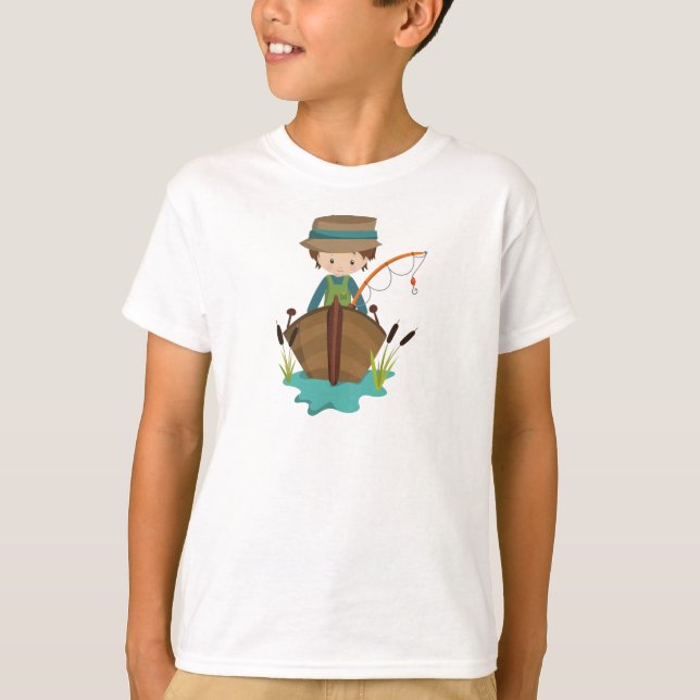 Camiseta Garoto, Pescador, Arco de Pesca, Cabelo Castanho (Frente)