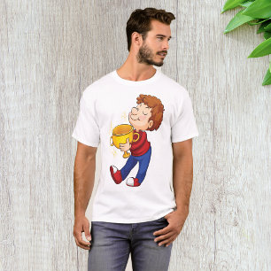 Camiseta Garoto que segura Ouro Troféu Prêmio vencedor