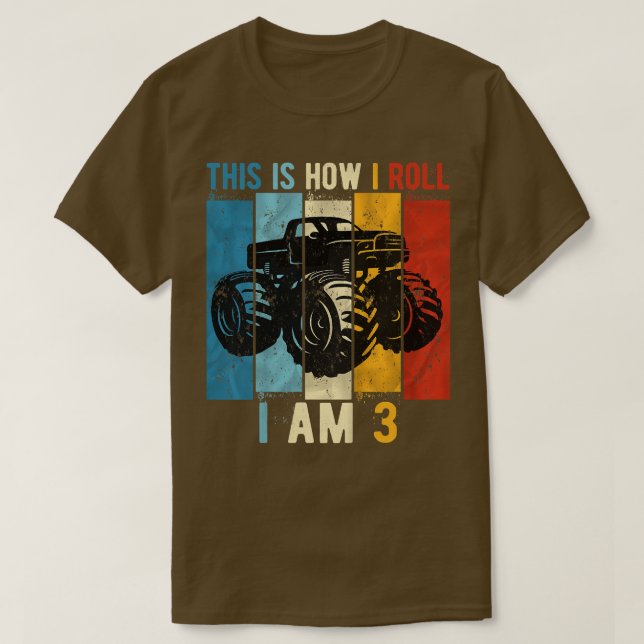 Camiseta Garotos aniversário de 3 anos Monster Truck 3 Anos (Frente do Design)