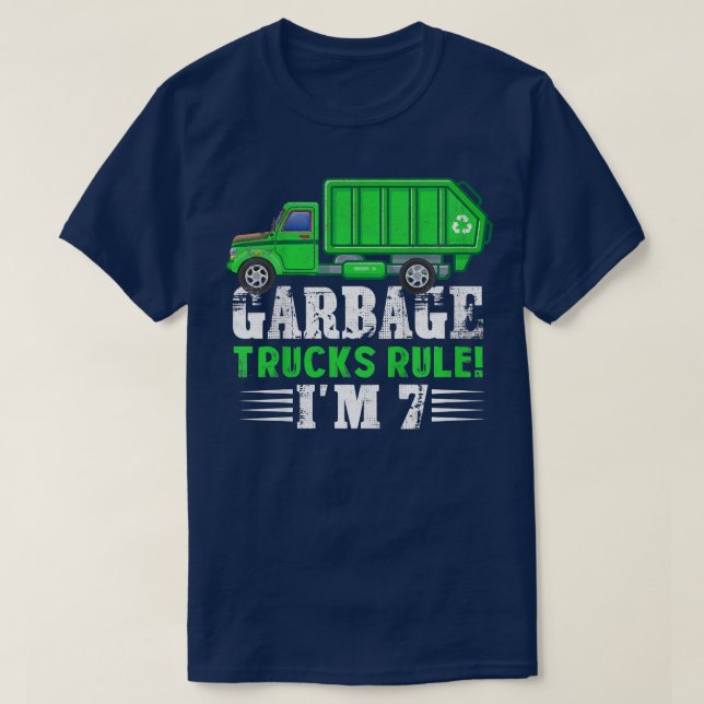 Camiseta Garotos Garbage Trucks Regra Eu tenho 7 anos Lixo  (Frente do Design)