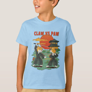 Camiseta Garra vs Pata – Gato e Cachorro Samurai Divertidos