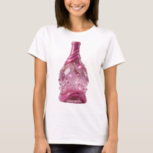 Camiseta Garrafa de desejos cor-de-rosa em vidro prateado v