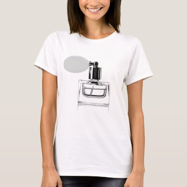 Camiseta garrafa de perfume preto e branco (fundo branco). (Frente)