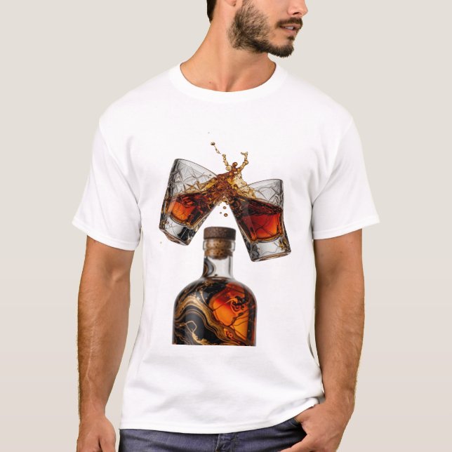 Camiseta Garrafa de uísque e copos prateados com respingos  (Frente)