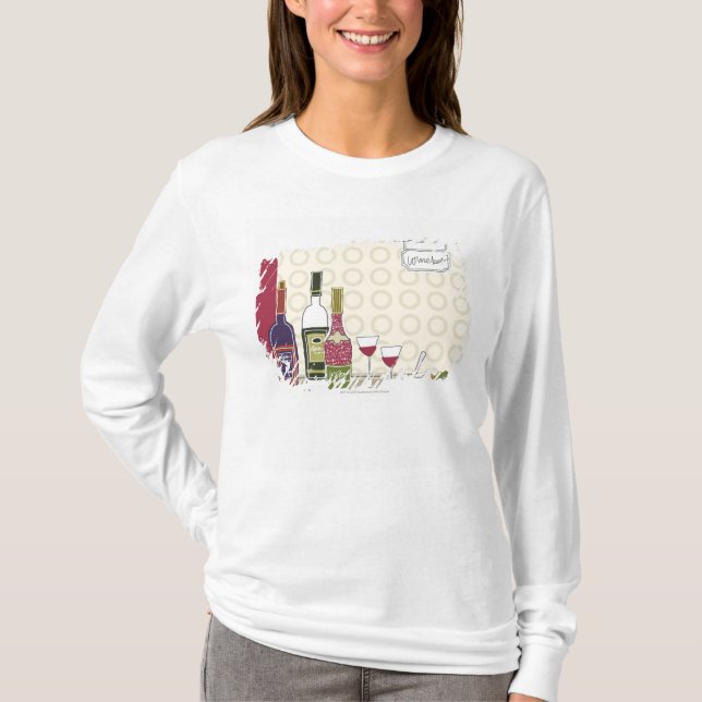 Camiseta Garrafas de vinho com os wineglasses na mesa (Frente)