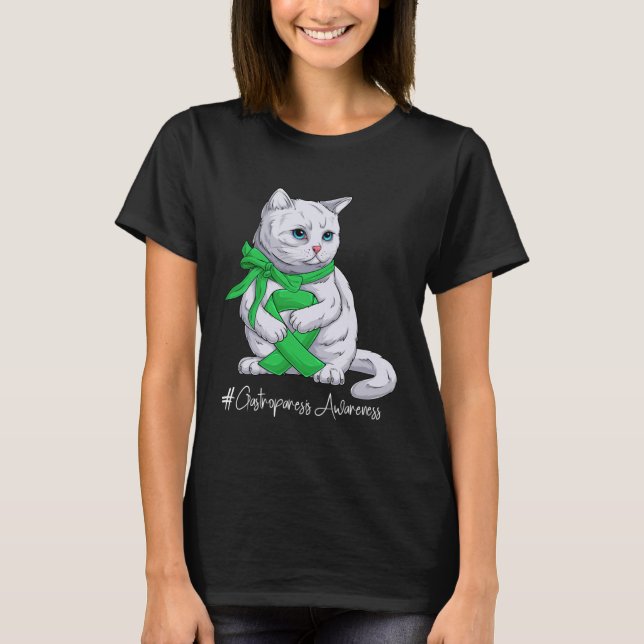 Camiseta Gastroparese Consciência Mês Fita Verde Gato (Frente)