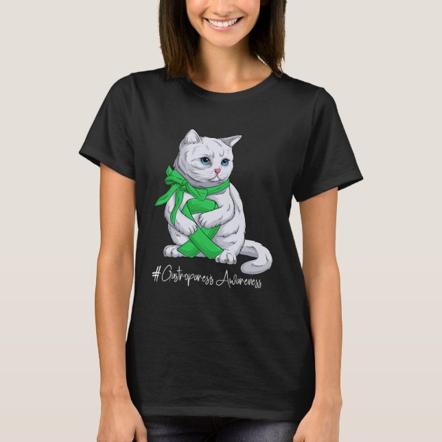 Camiseta Gastroparesis Awareness Month Green Ribbon Cat (Frente)