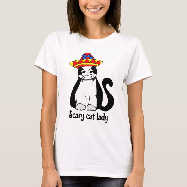 Camiseta Gata assustadora, gato num desenho de chapéu mexic (Frente)