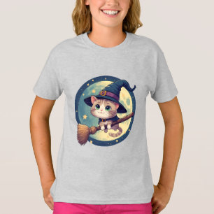 Camiseta Gata Bruxa Fofa Andando de Vasso na Luz do Luar Te