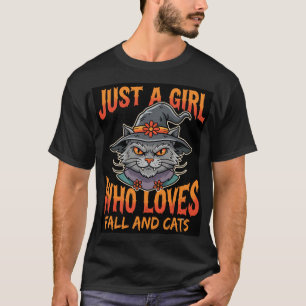 Camiseta Gata de Halloween Chapéu de Bruxa Design de Outono