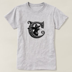 Camiseta Gata Preta Bruxa Bruxesca Letra C Inicial Personal