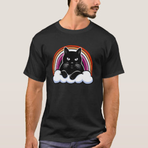 Camiseta Gata Preta em uma Nuvem com Arco-íris do Orgulho L