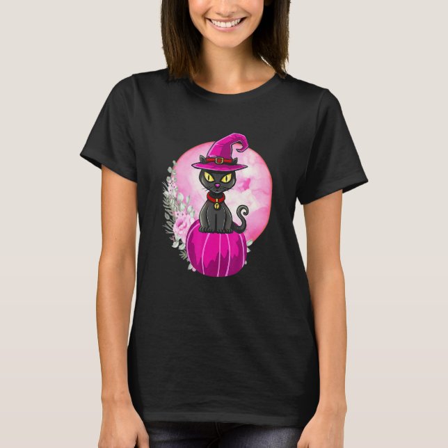 Camiseta Gata Preta Fofa de Halloween no Abóbora Lua Cheia  (Frente)