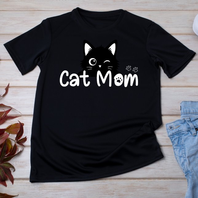 Camiseta Gata Preta Sorrindo Mãe Fofa (Cute Winking Black Cat Mom T-Shirt)