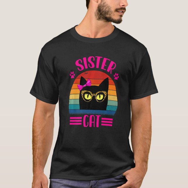Camiseta Gatinha Irmã Fofa Com Óculos de Leopardo Retro  (Frente)