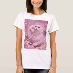 Camiseta Gatinha Princesa Glamurosa Usando Telefone Rosa
