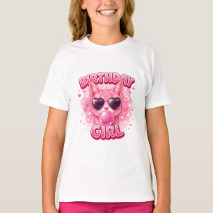 Camiseta Gatinha Rosa Fofa Garotinha de Aniversário com Ócu
