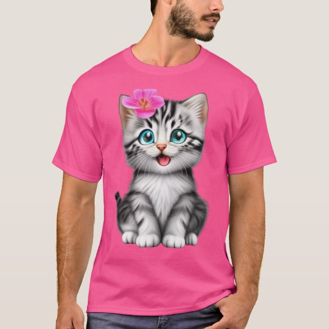 Camiseta Gatinho Adorável com Flor Rosa (Frente)