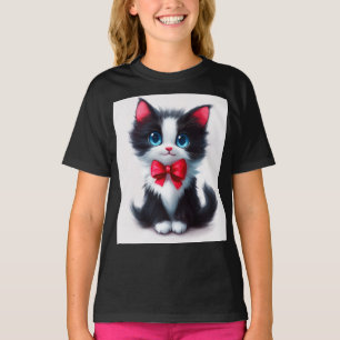 Camiseta Gatinho Adorável com Laço Vermelho