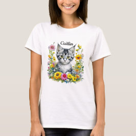 Camiseta Gatinho Aquarela em Flores Amarelas Personalizado