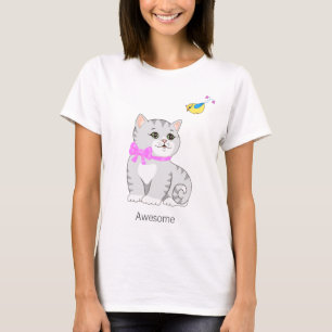 Camiseta Gatinho Atigrado Fofo & Pequeno Pássaro