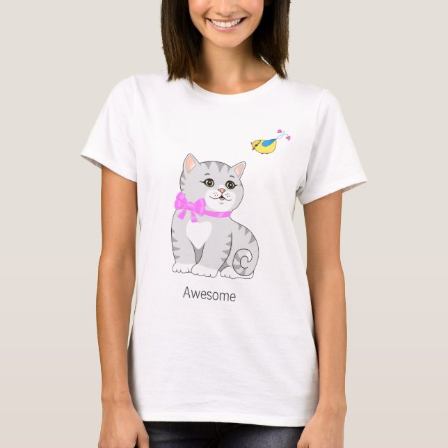 Camiseta Gatinho Atigrado Fofo & Pequeno Pássaro (Frente)