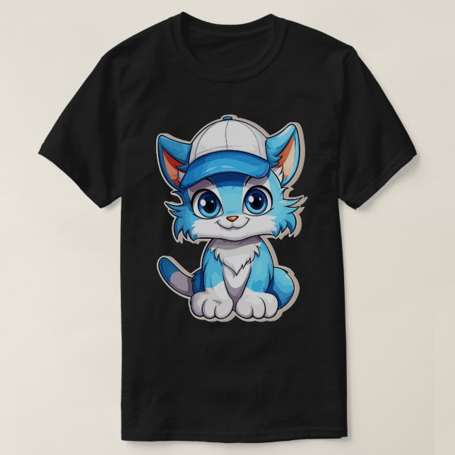 Camiseta gatinho azul-gato giro gatinho azul no boné (Frente do Design)
