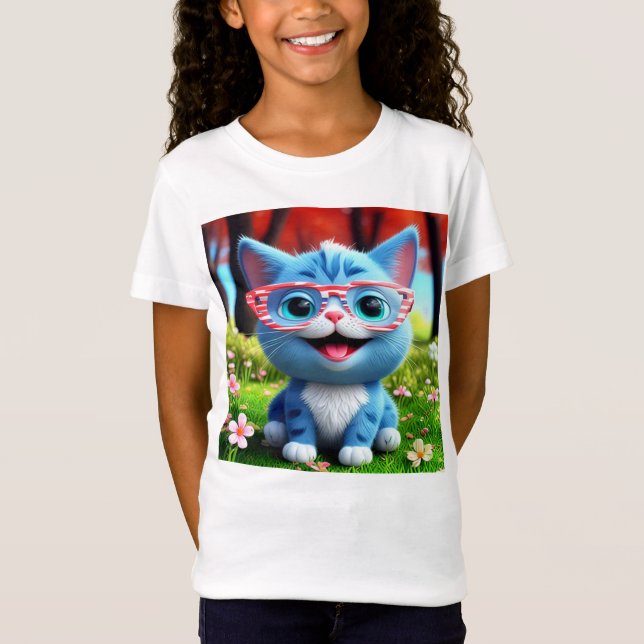 Camiseta Gatinho Azul Sorridente E Bonito-55665 (Frente)
