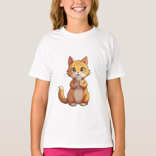 Camiseta Gatinho Bebendo Café (Frente)